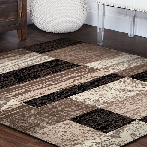 12' Black Brown And Beige Patchwork Runner Rug